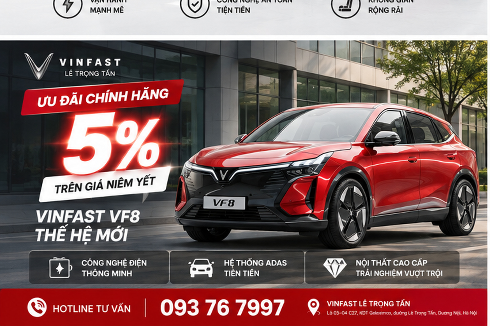 Ưu đãi 5% VinFast VF8 Thế hệ mới tại VinFast Lê Trọng Tấn.